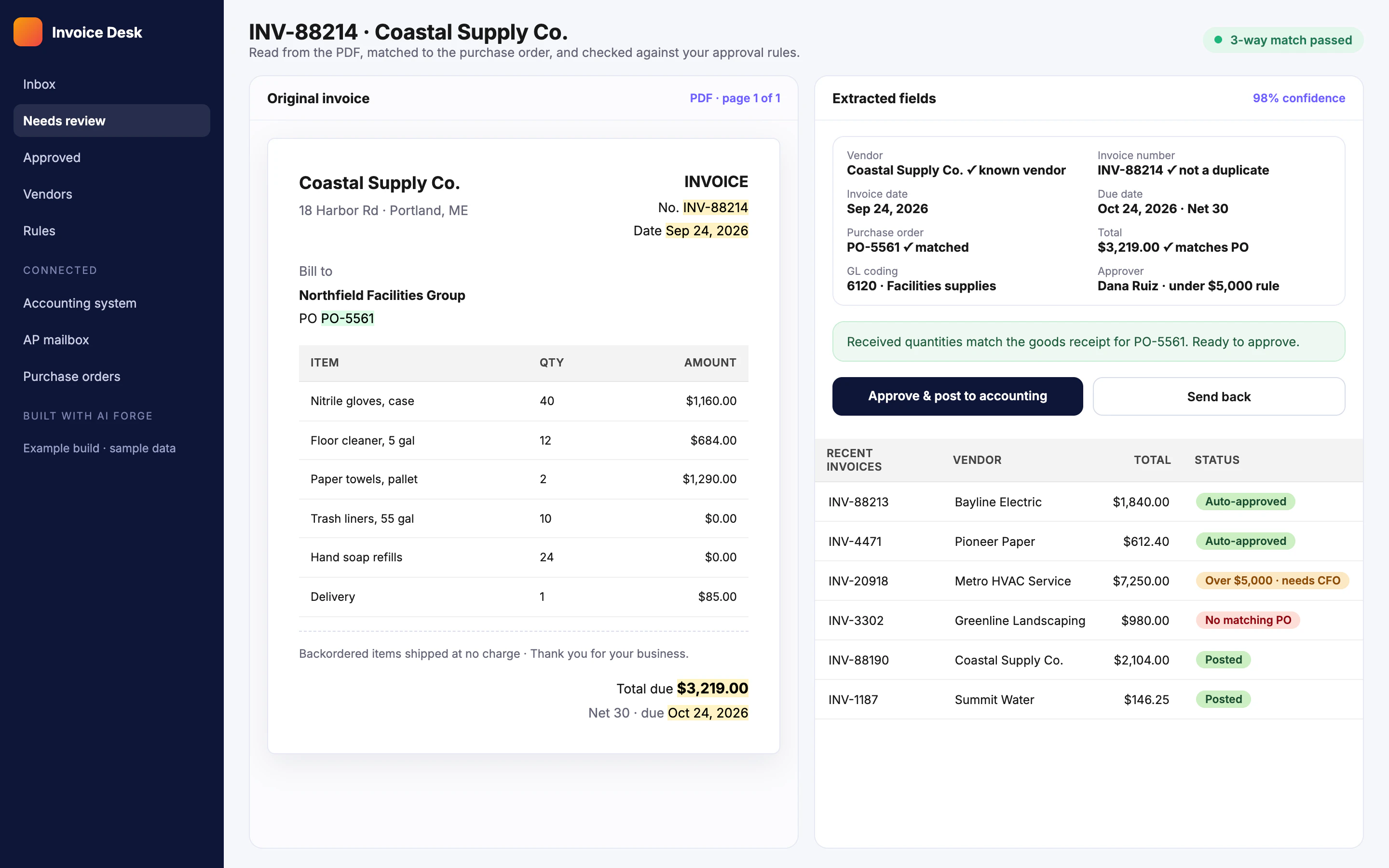 Invoice processing app showing an invoice, extracted fields and approval status