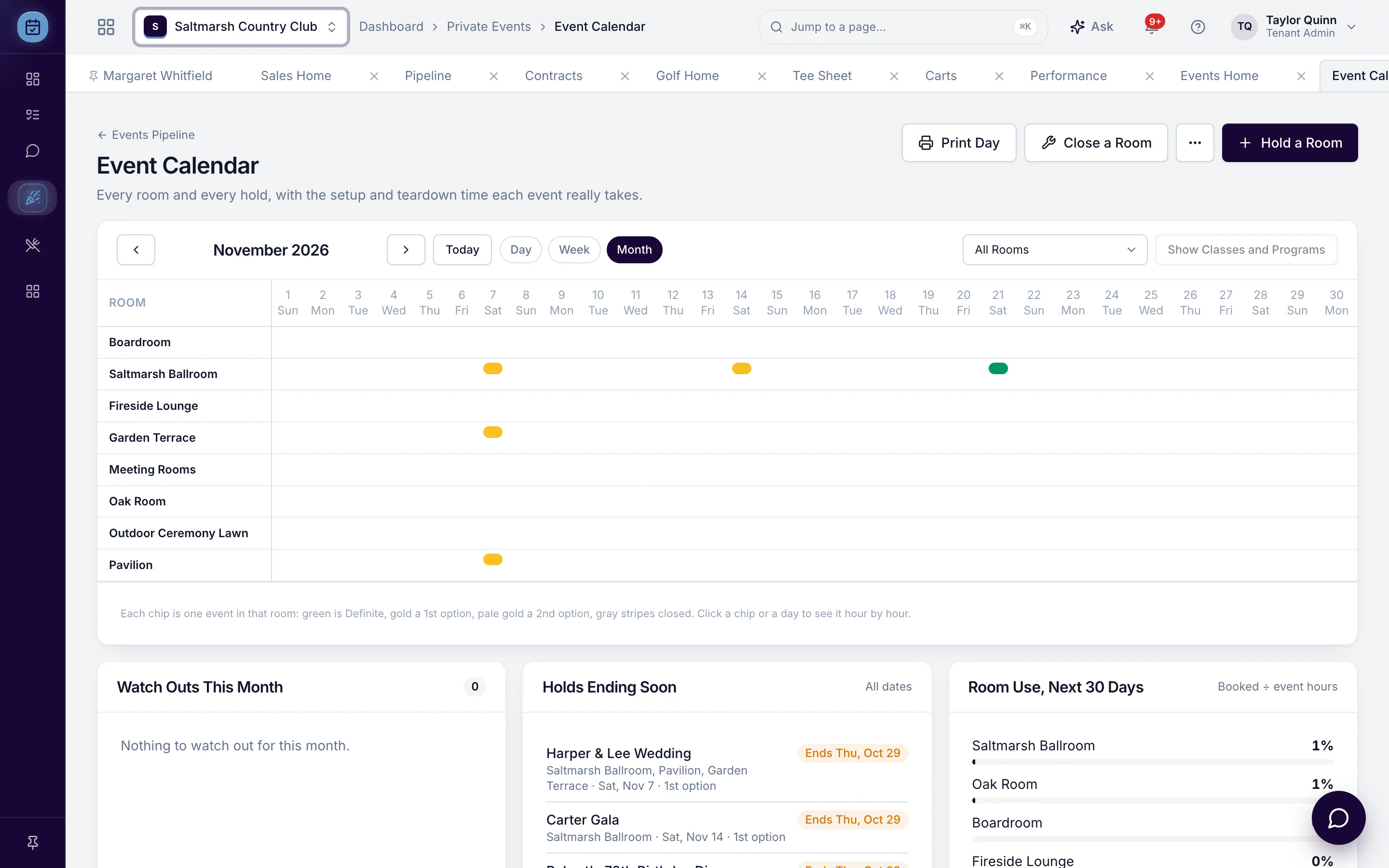 Private events room calendar with first- and second-option holds