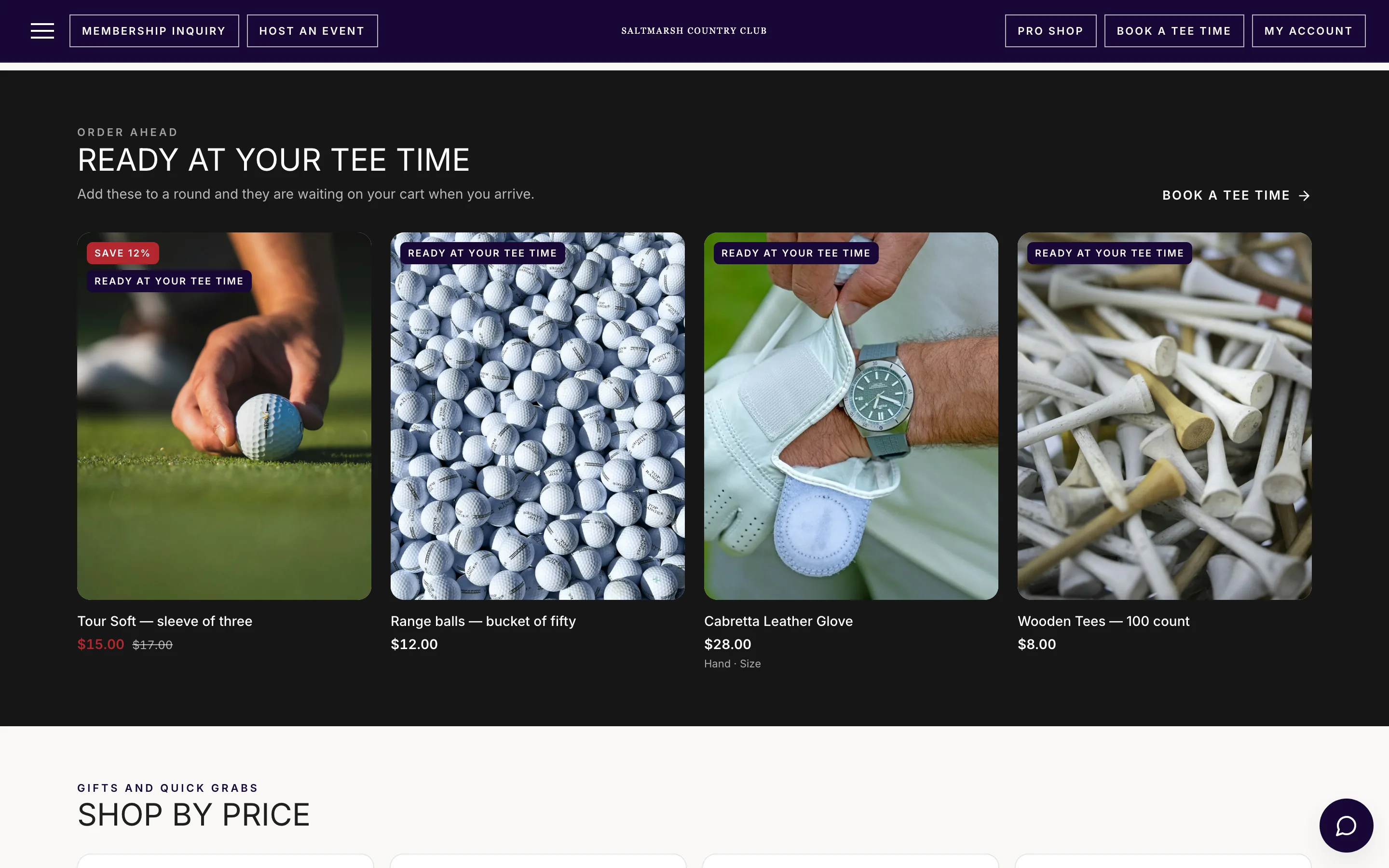 Club online pro shop section 'Ready at your tee time' with golf balls, range balls and a leather glove to pre-order with a round