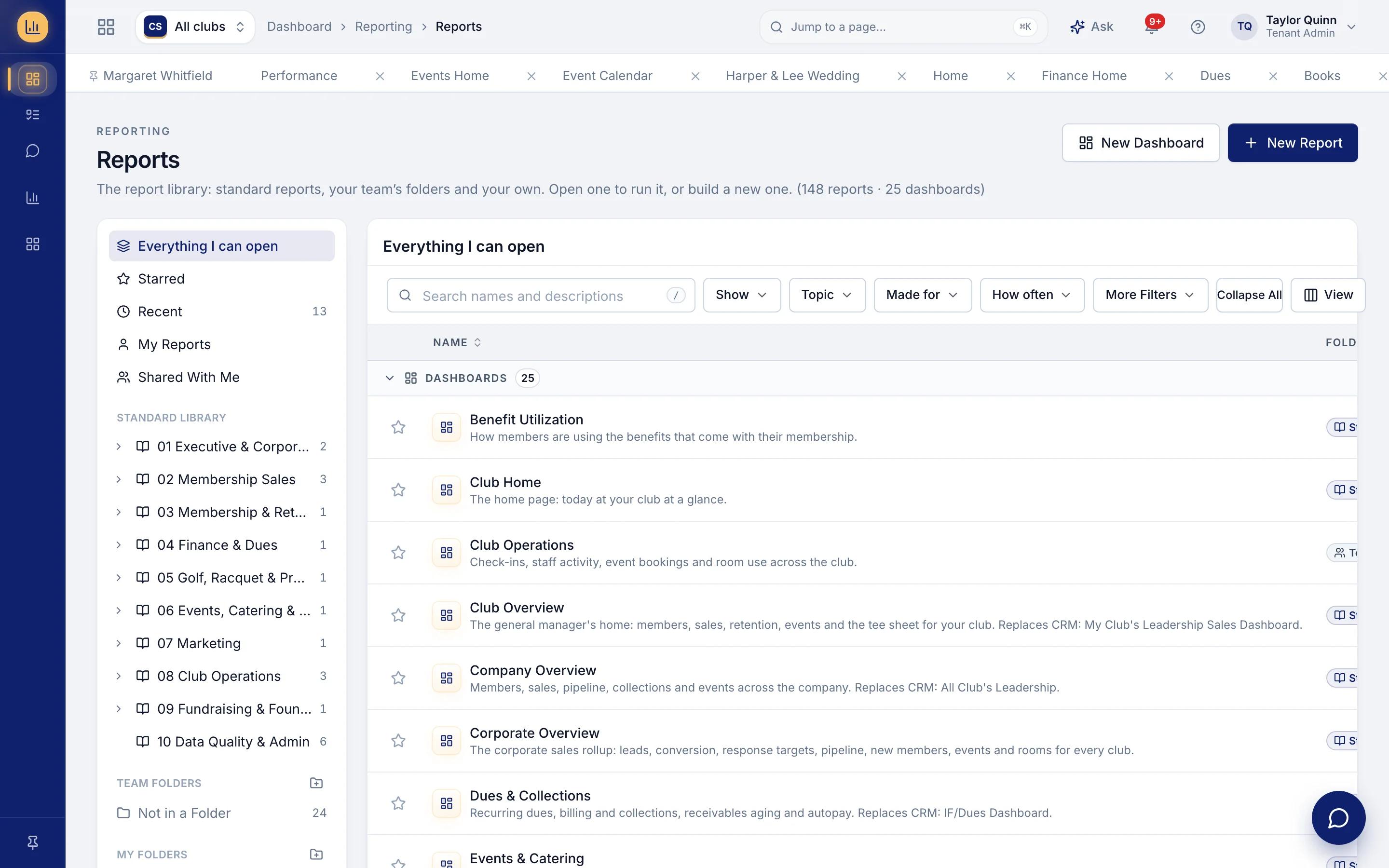 Report library with governed datasets, saved reports and scheduled delivery