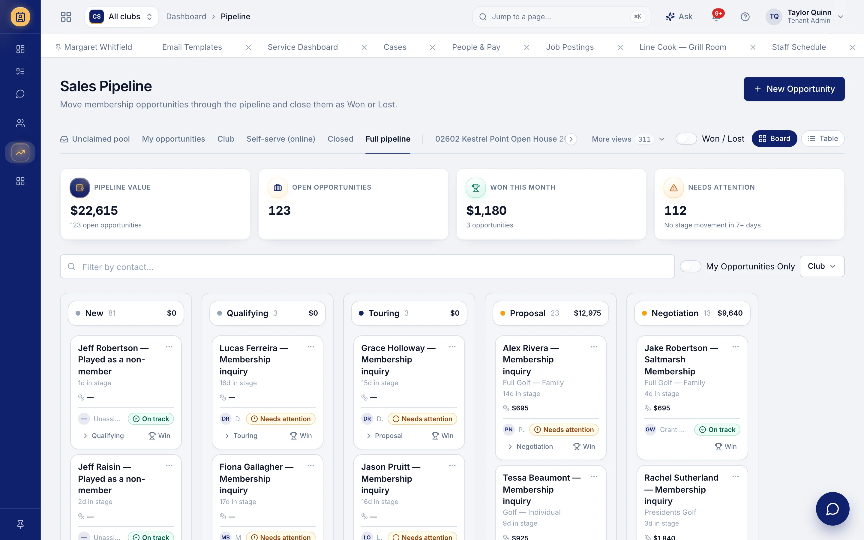 Membership sales pipeline with opportunities by stage