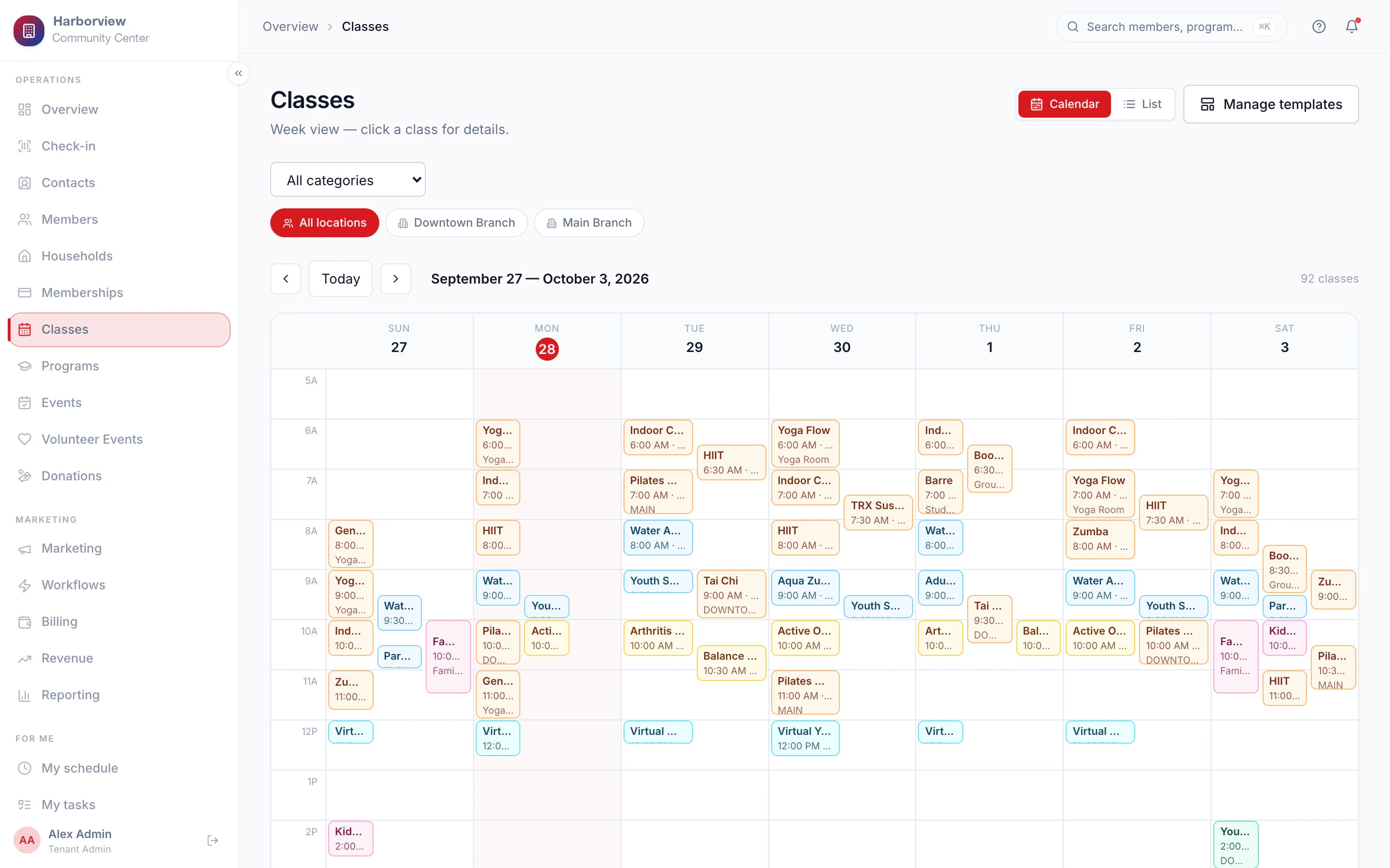 Membership Management weekly class calendar across locations