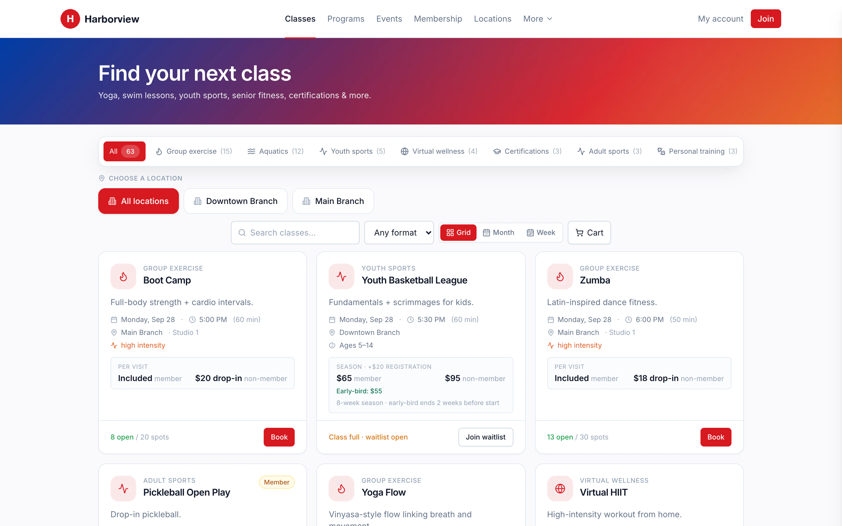 Branded member portal showing classes to browse and book