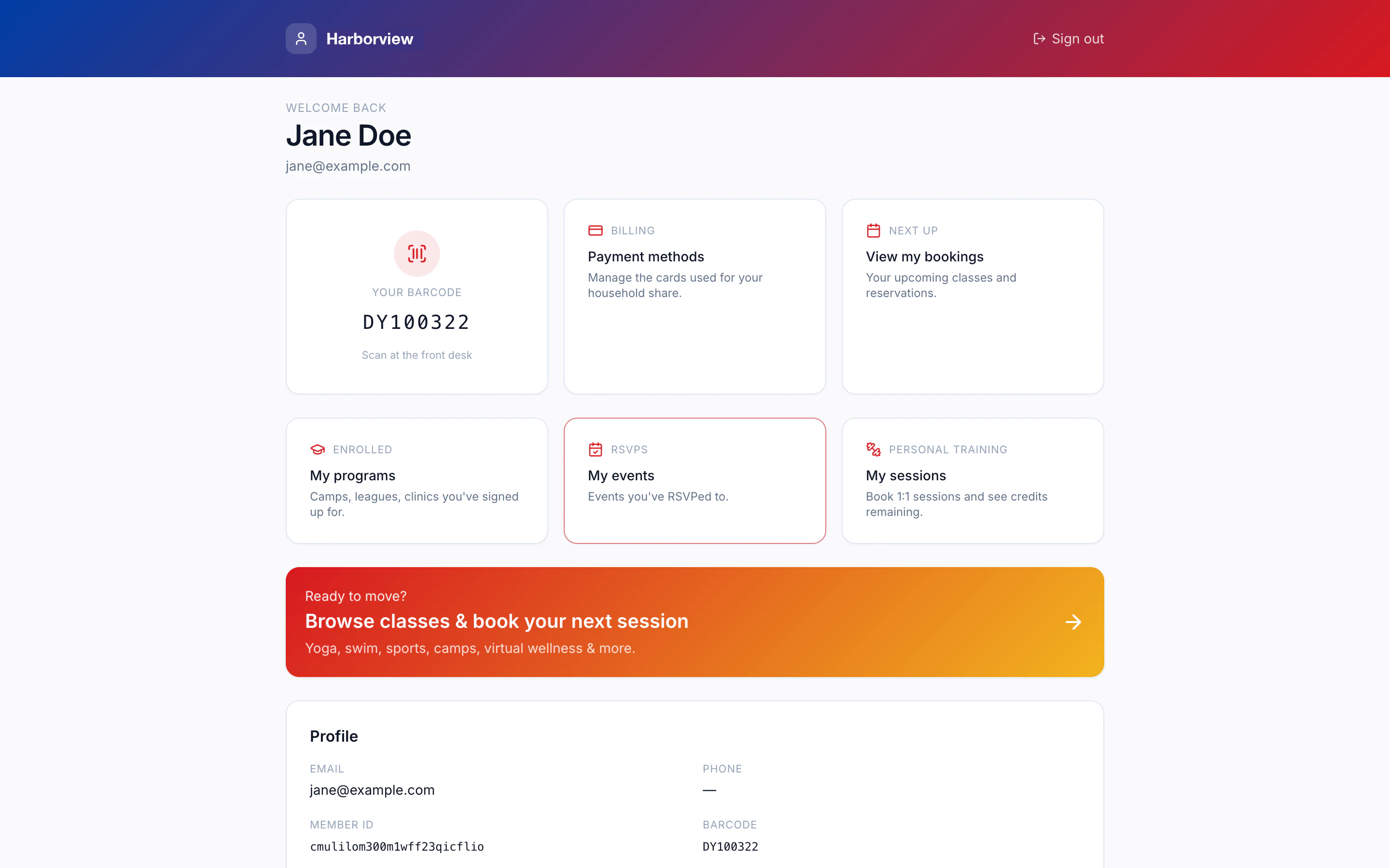 Member portal home with barcode and account tiles