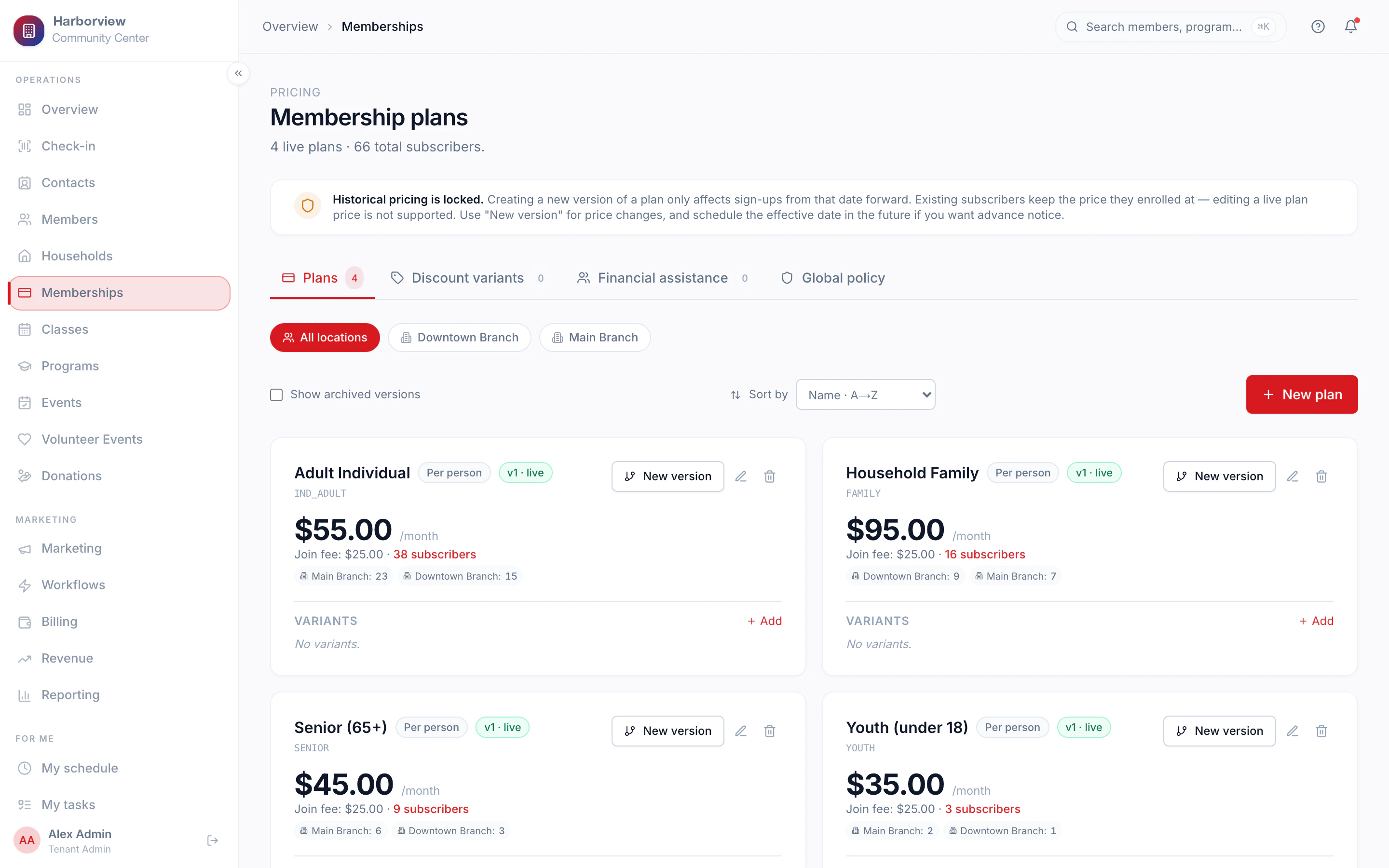 Membership plans with pricing, subscribers per location and versioning