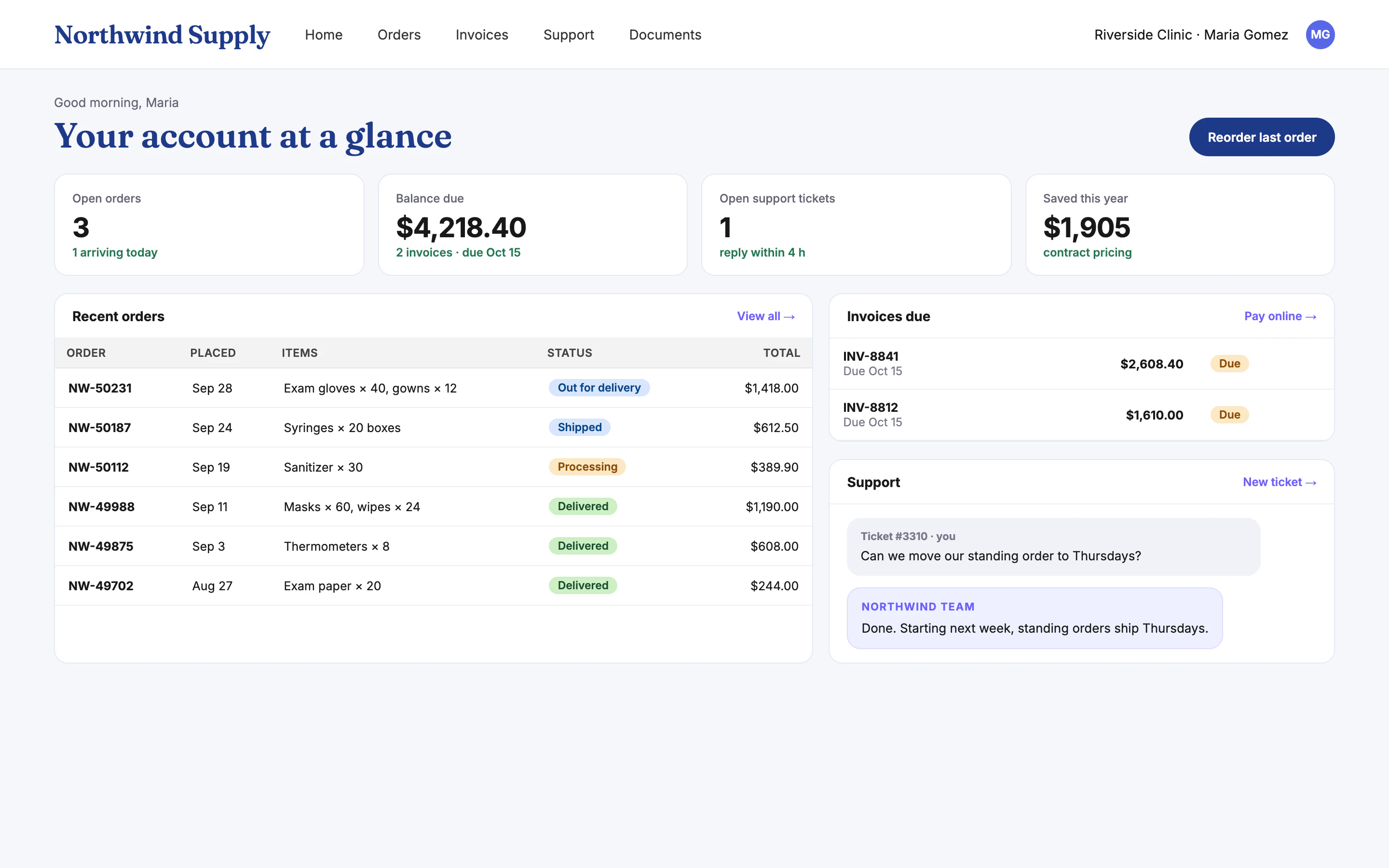 Example customer portal with orders, invoices and support