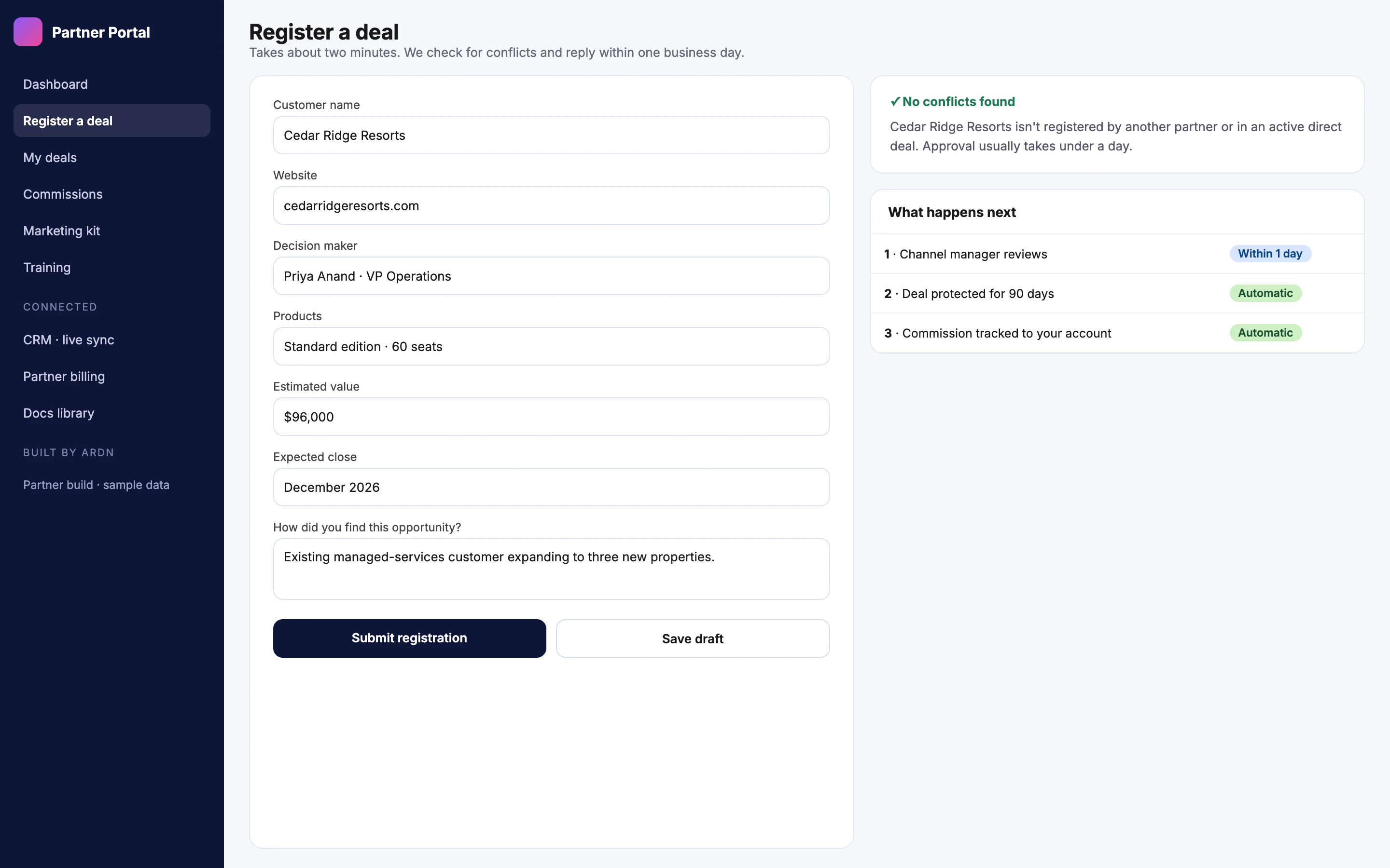 Deal registration form with a conflict check