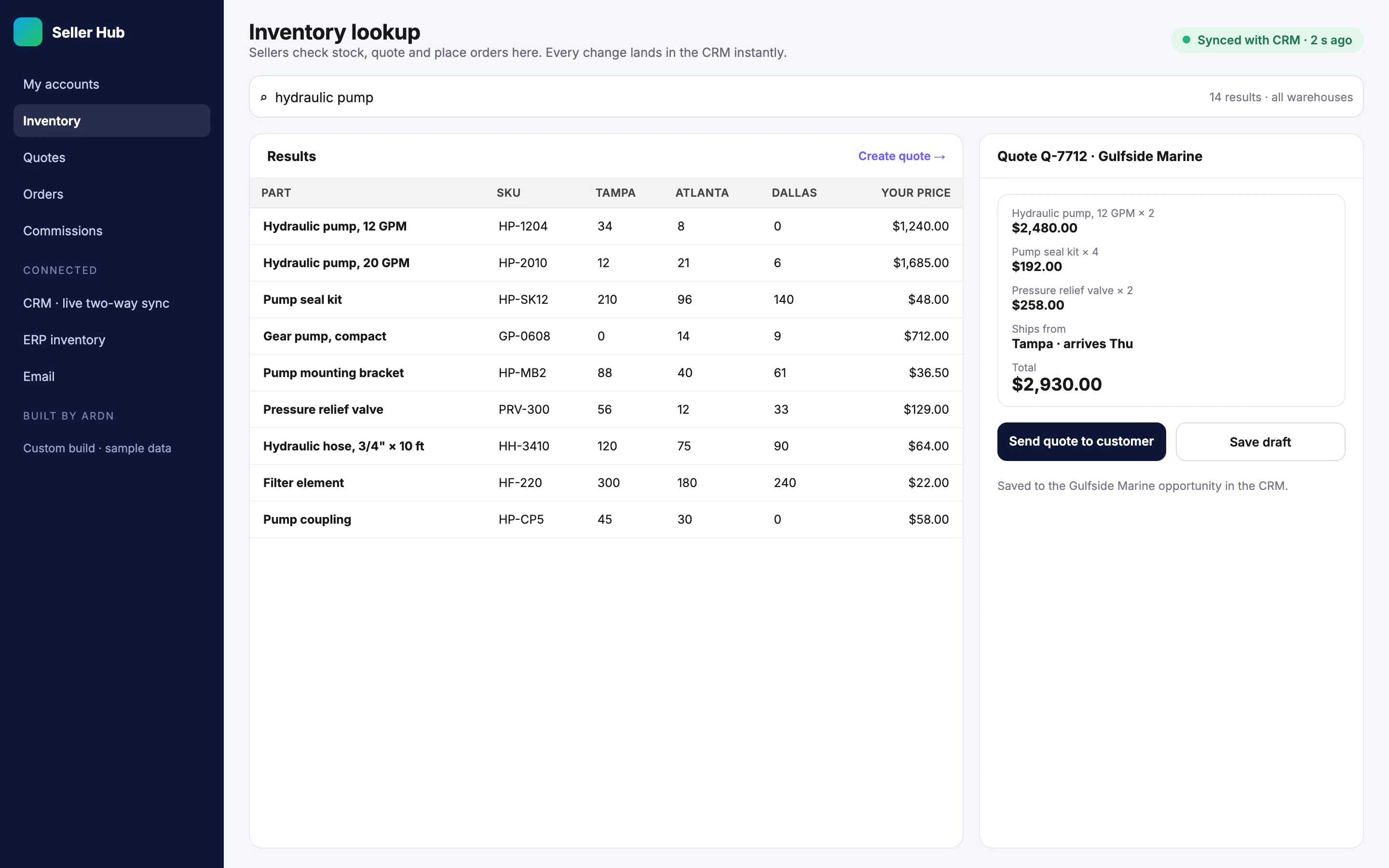 Seller portal inventory lookup with a quote in progress