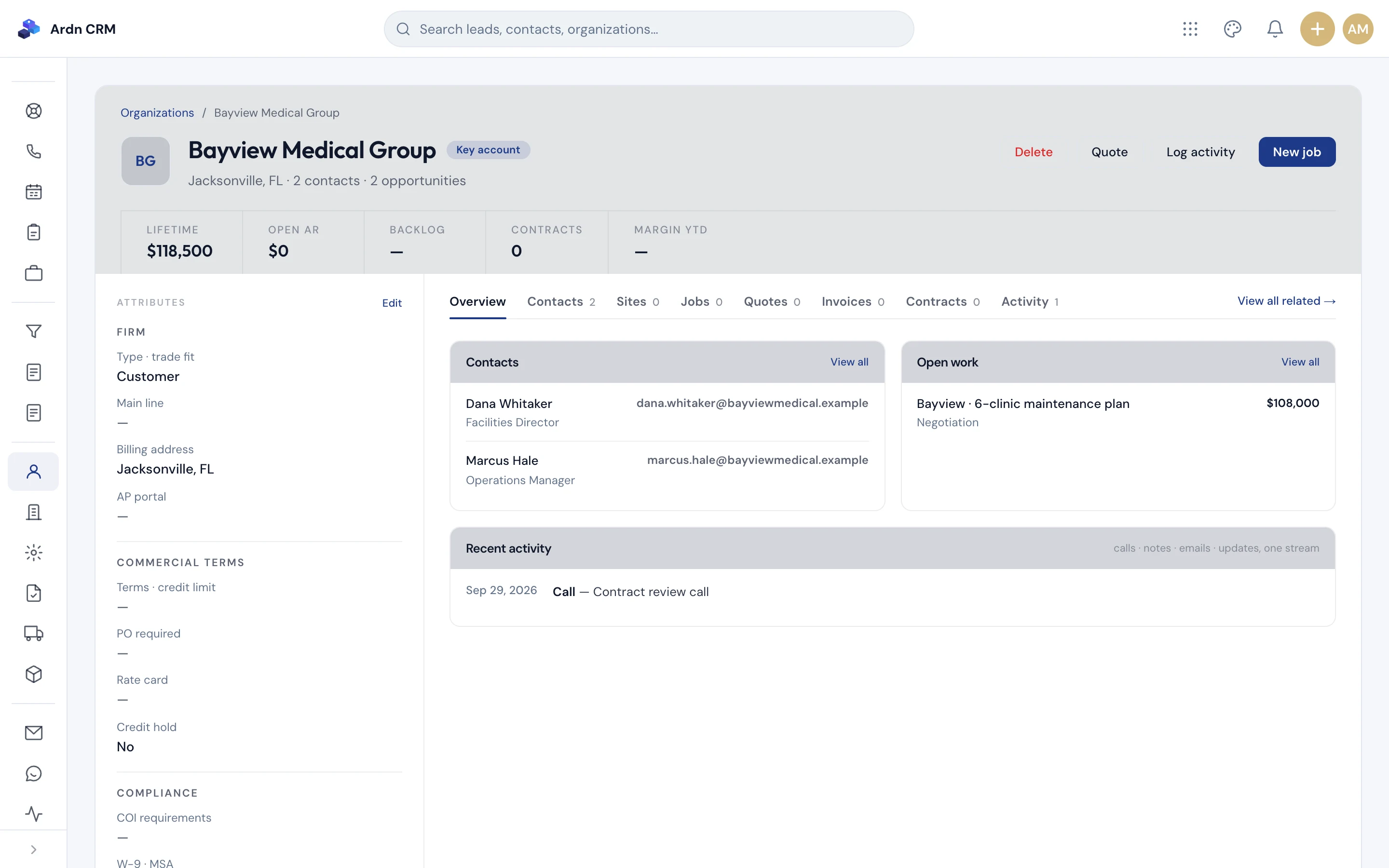 Ardn CRM account page with sites, contacts, jobs and lifetime value