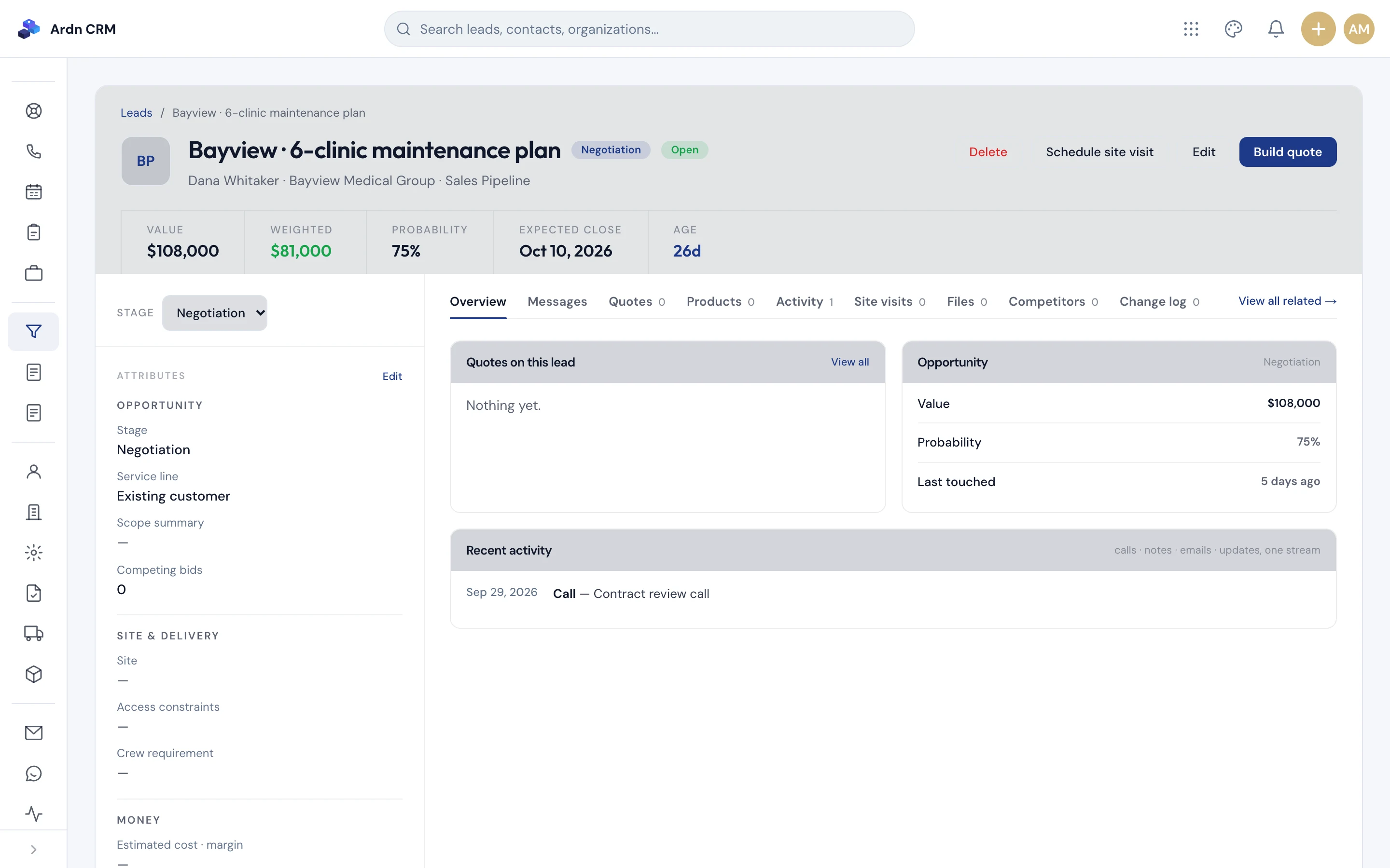 Ardn CRM deal page with activity timeline