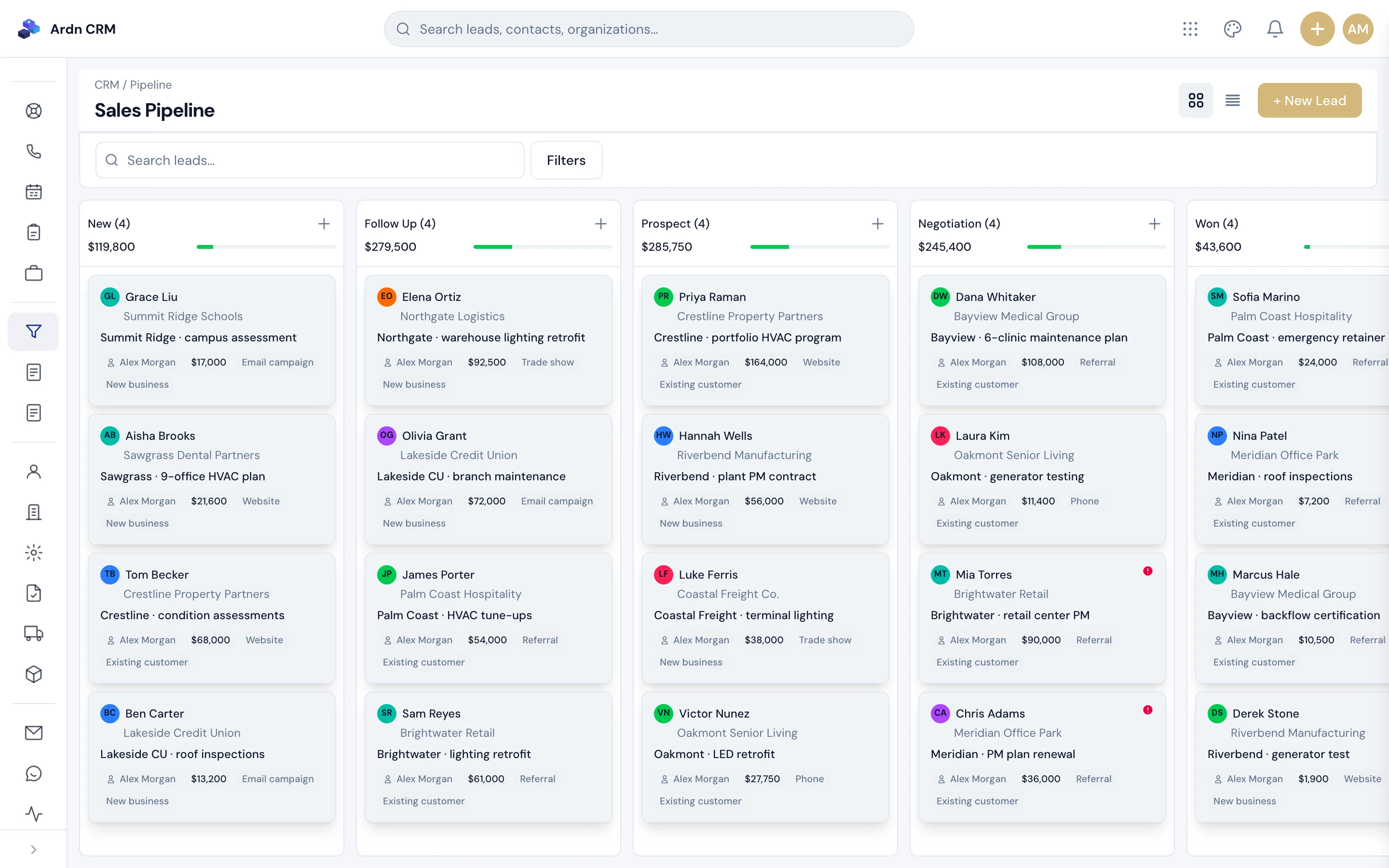 Ardn CRM pipeline board with deals grouped by stage