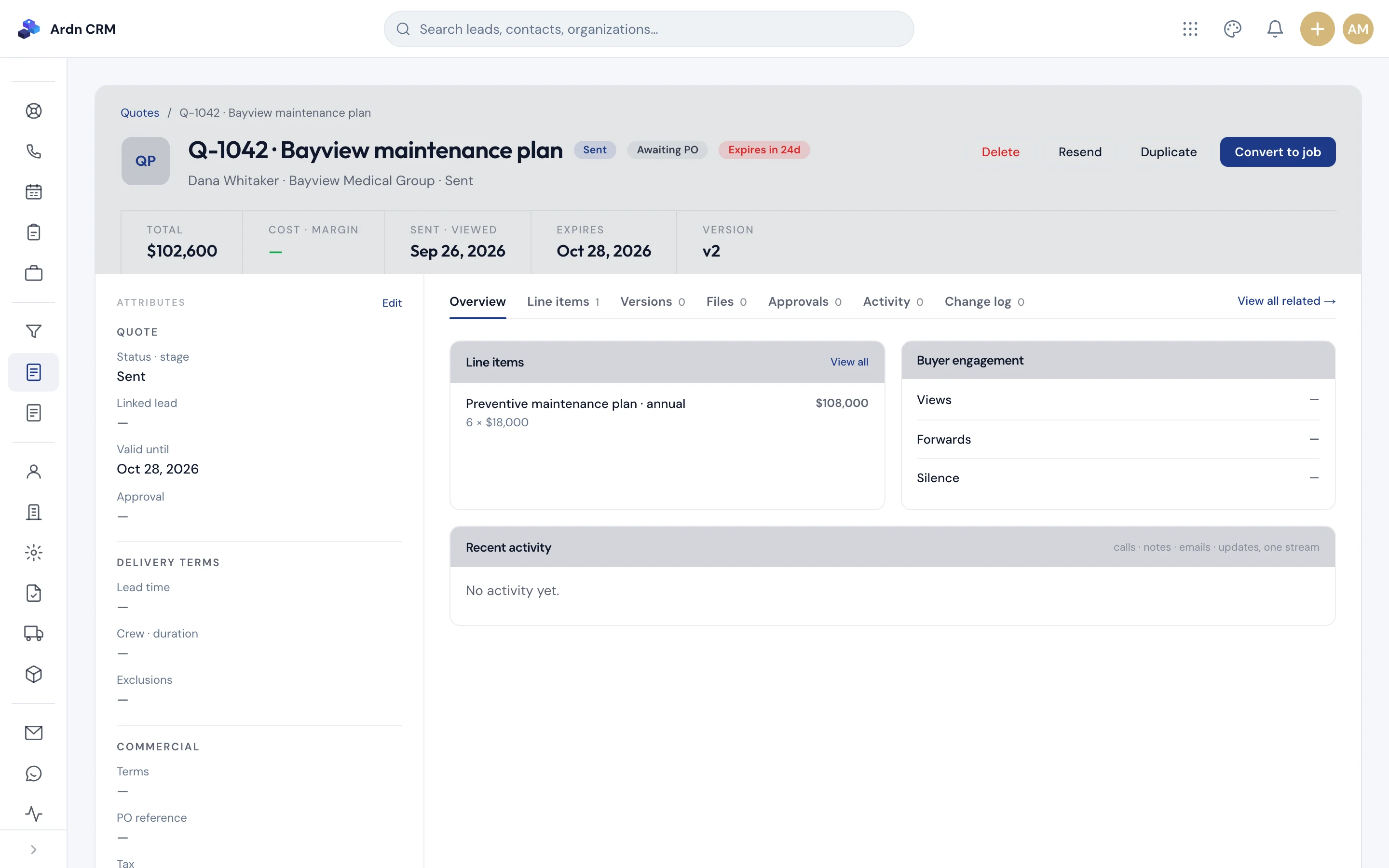 Ardn CRM quote built from the product list with a convert-to-job action