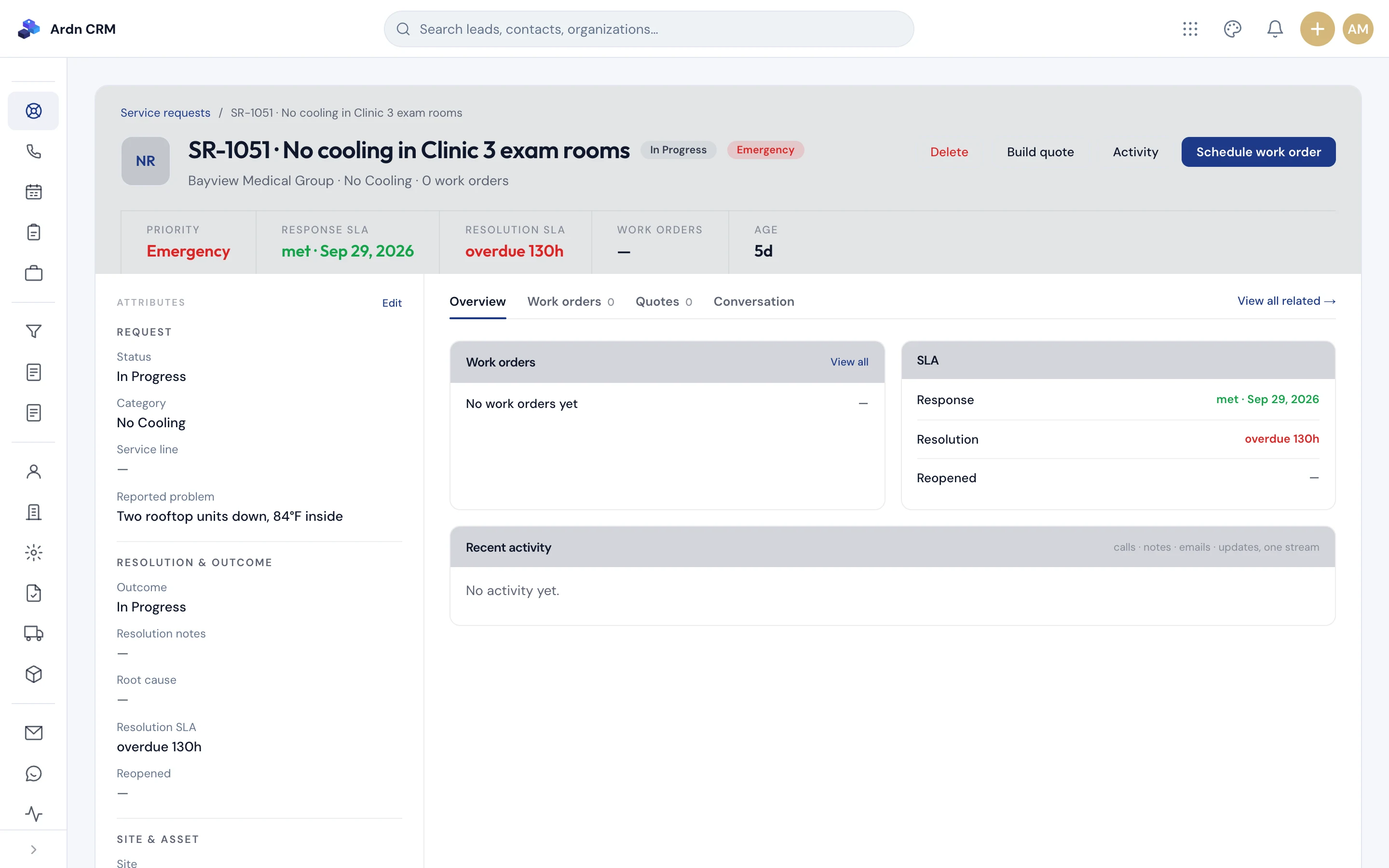Ardn CRM service request detail with SLA timer