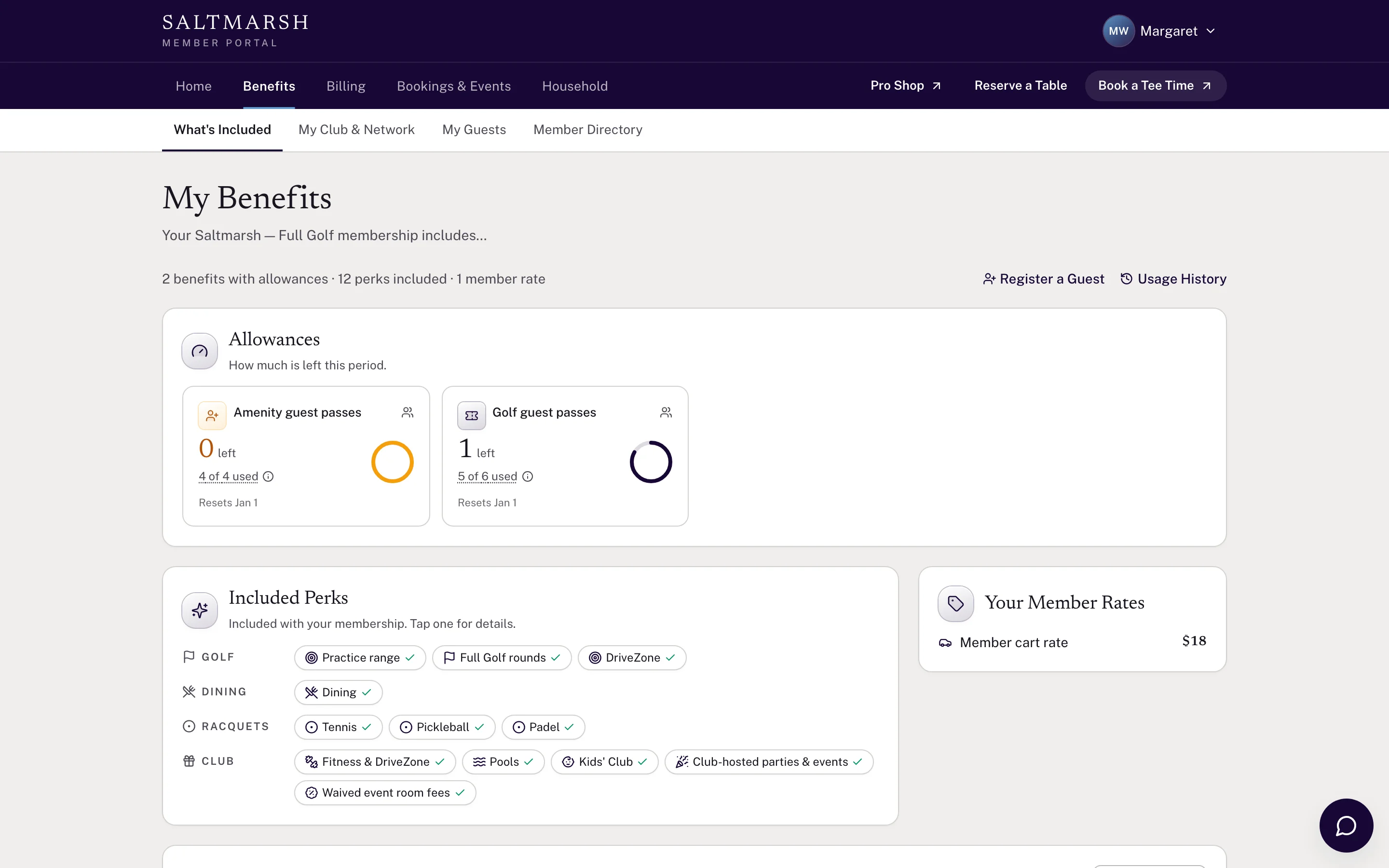 Member portal showing each benefit with used, remaining and reset date, shared across the household
