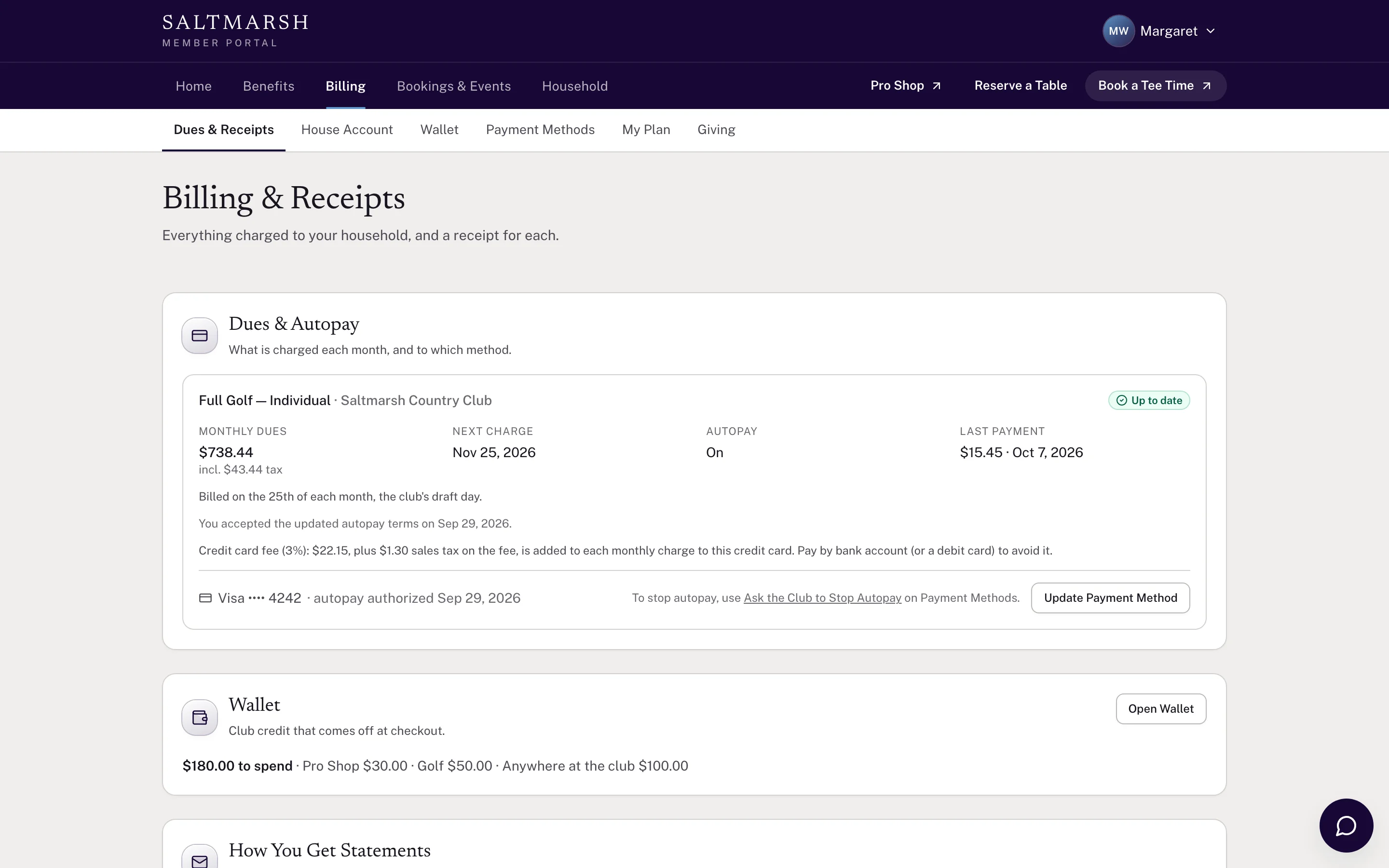 Member portal billing page with monthly dues, autopay status, last payment and saved payment method