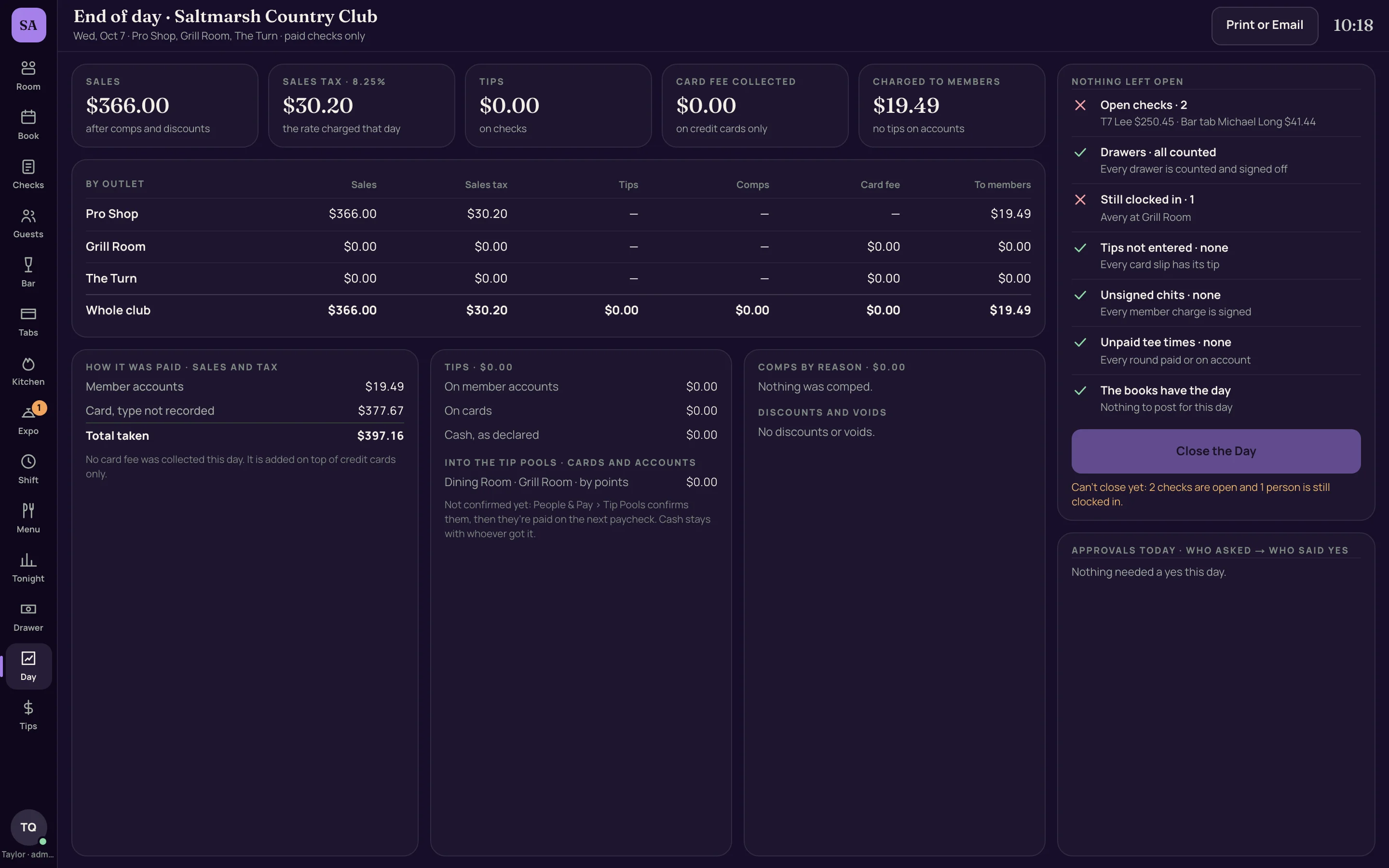 Club Steward point-of-sale end-of-day screen with sales, tax and member charges by outlet and a checklist of open checks before closing the day