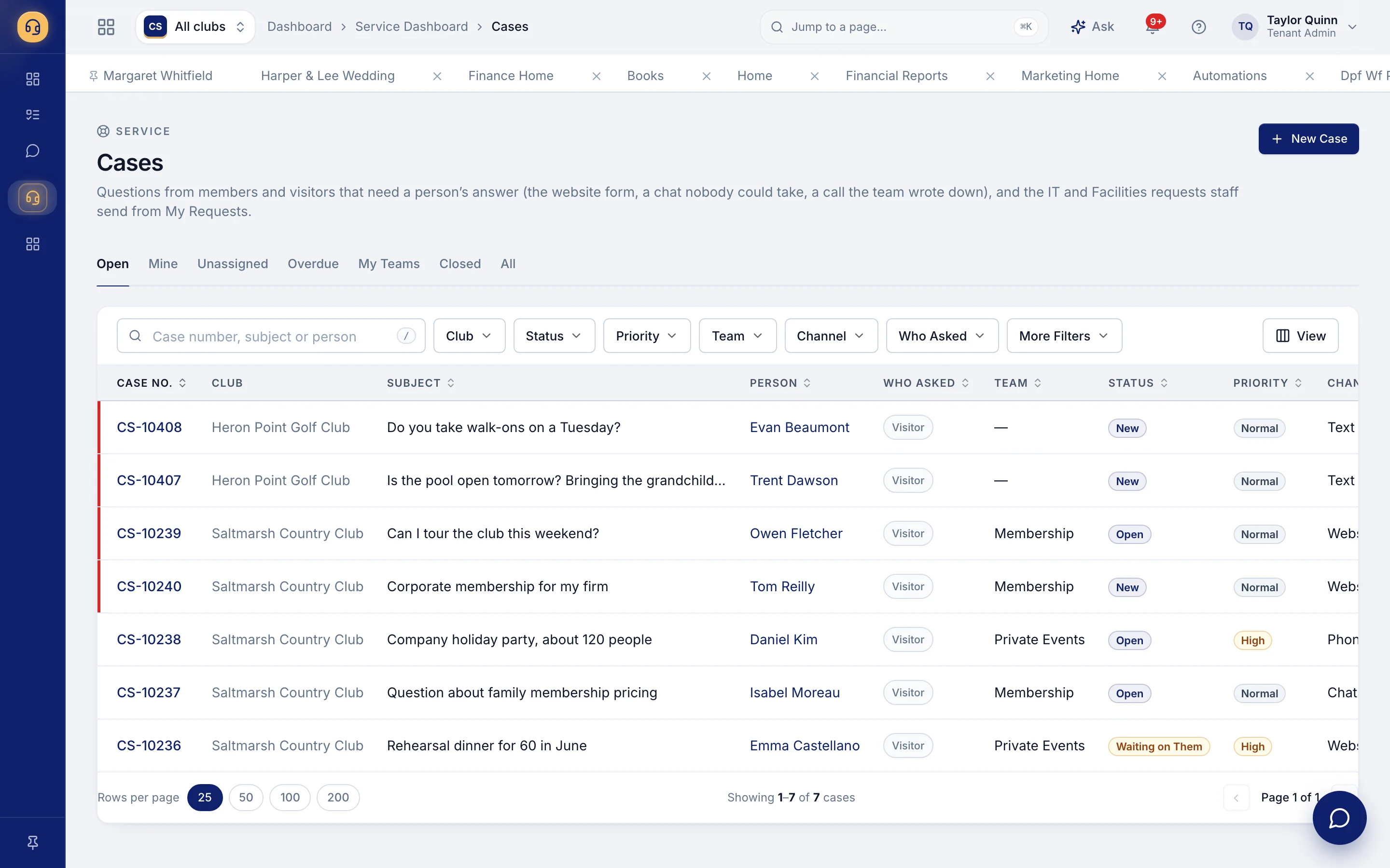 Club Steward service cases list with subject, team, status and priority