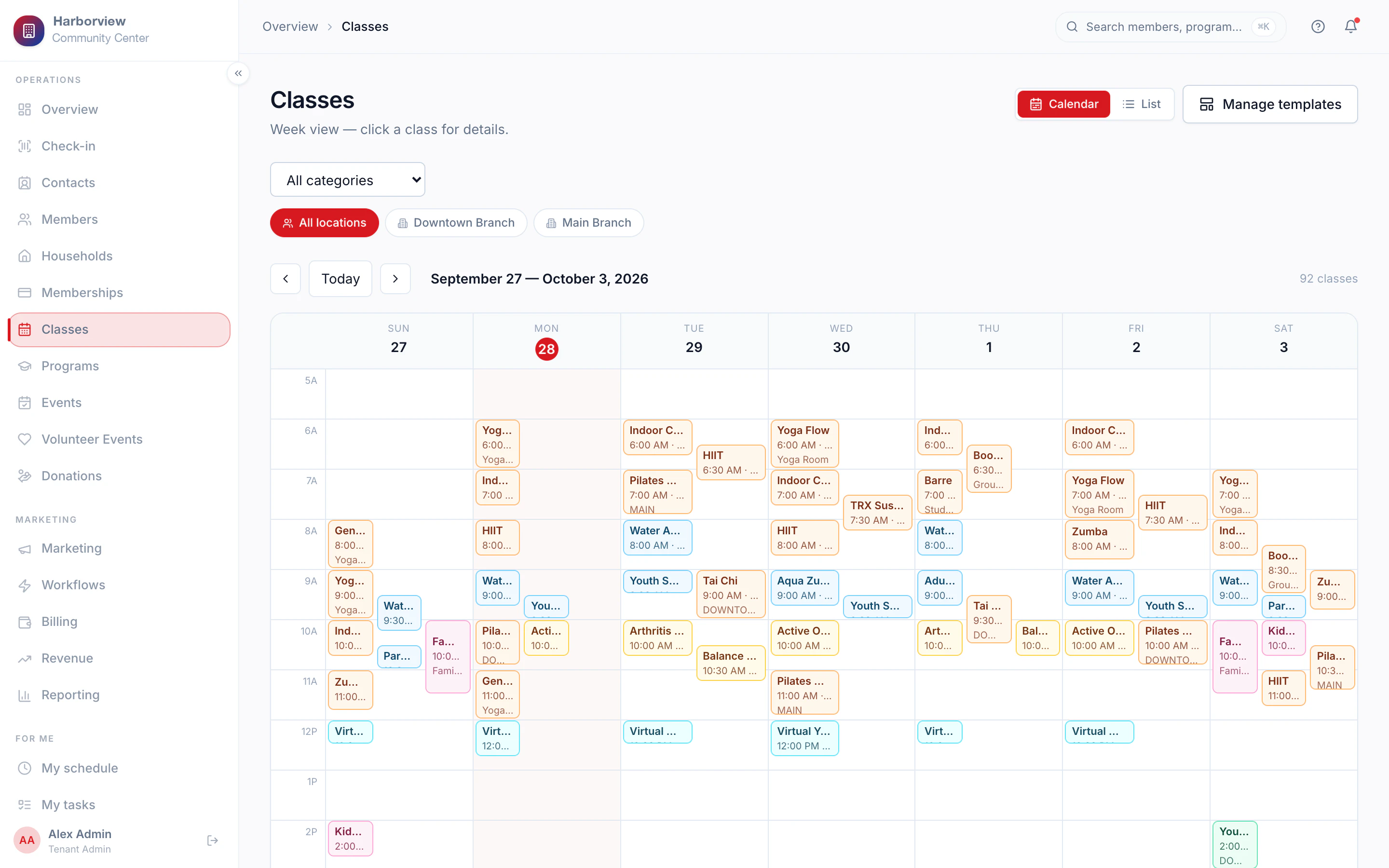Weekly class calendar across branches