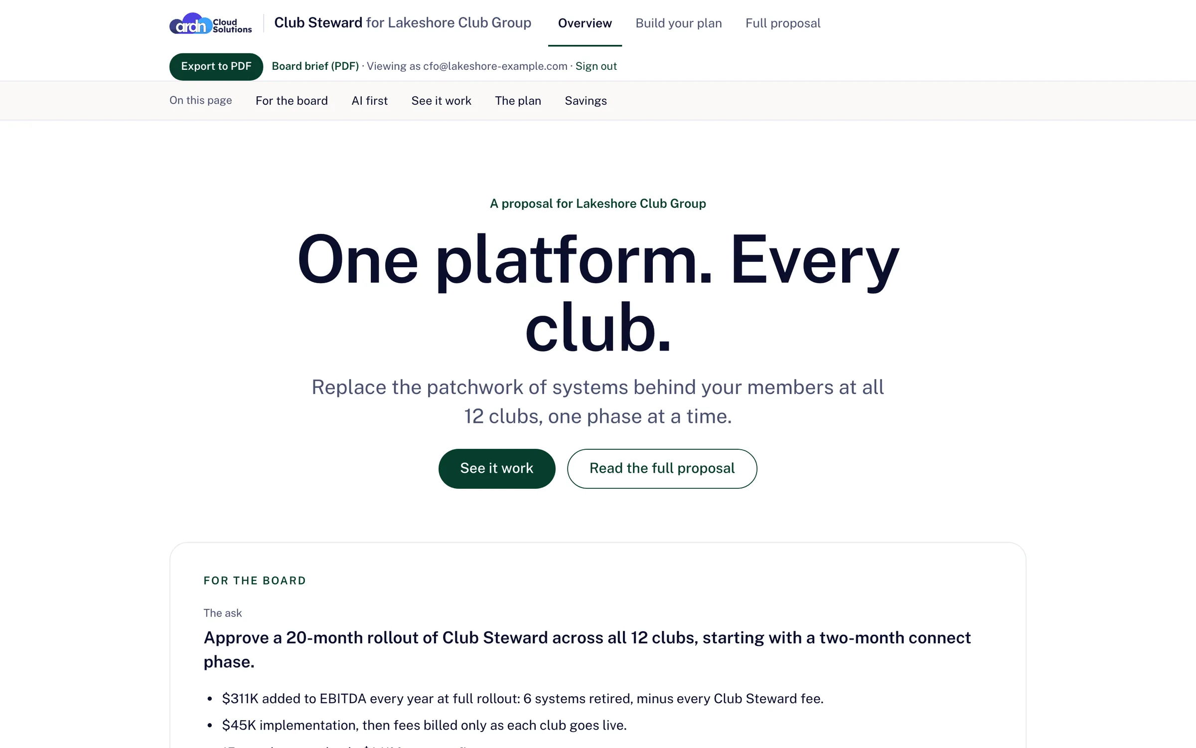 Interactive sales proposal overview for a fictional multi-club operator, with the board memo and the headline numbers