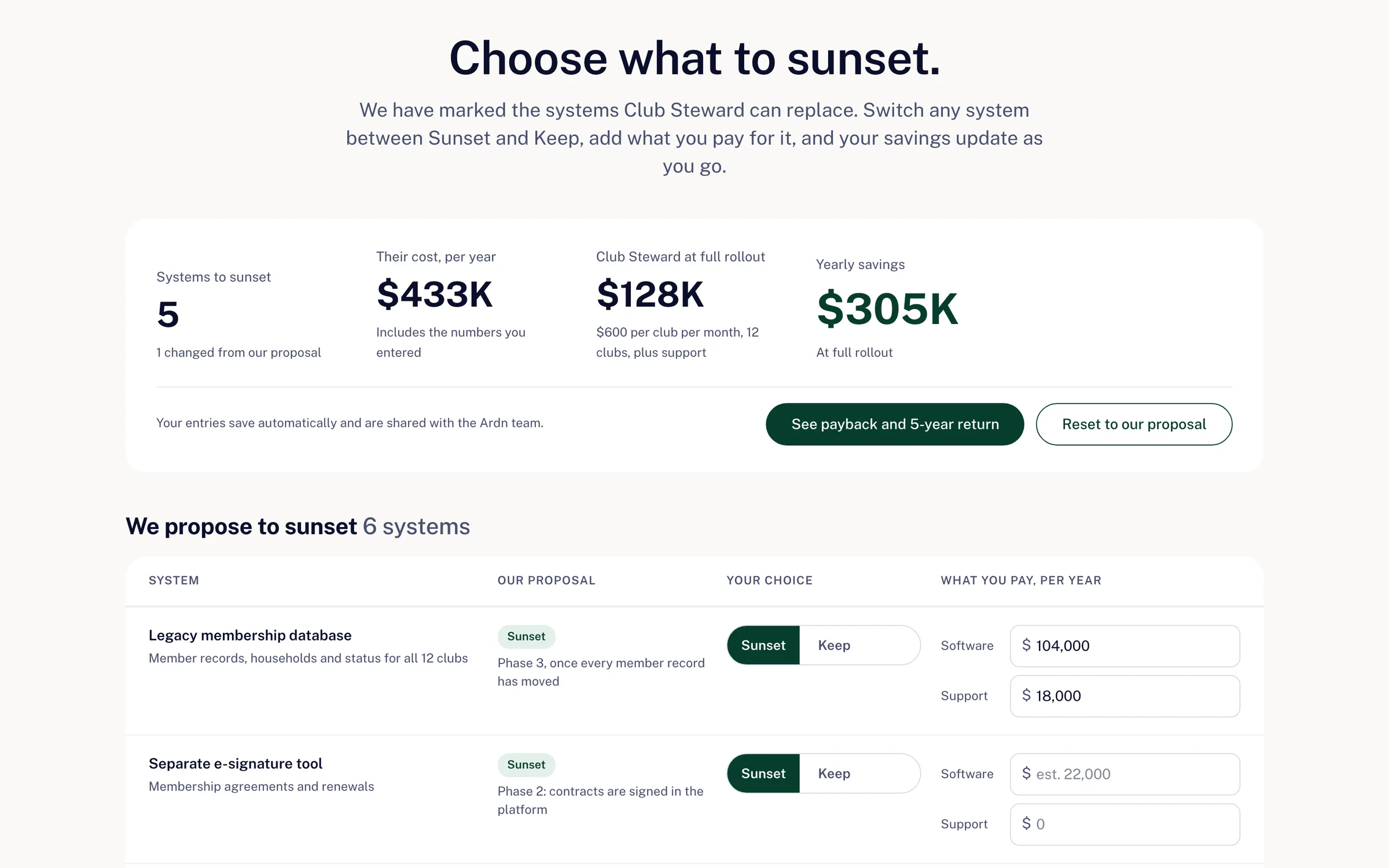 Savings table where the buyer chooses which systems to retire and types their own yearly costs
