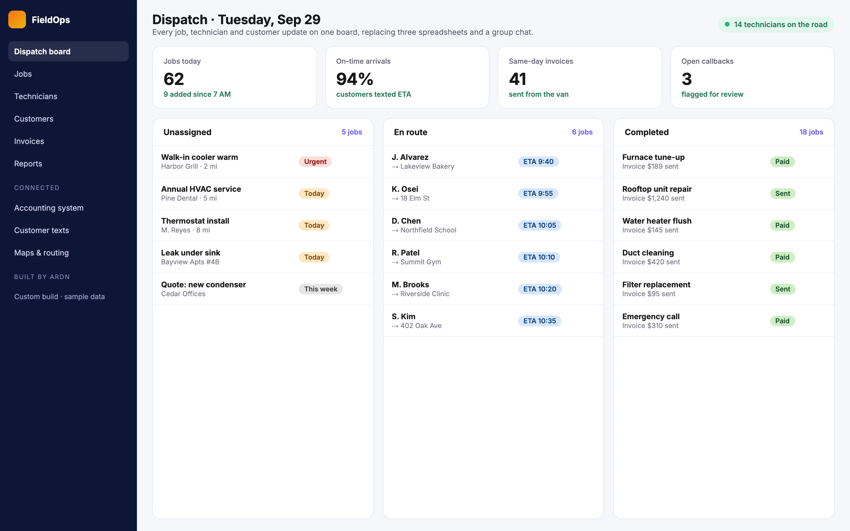 Example custom build: a field-service dispatch board with jobs, technicians and invoices