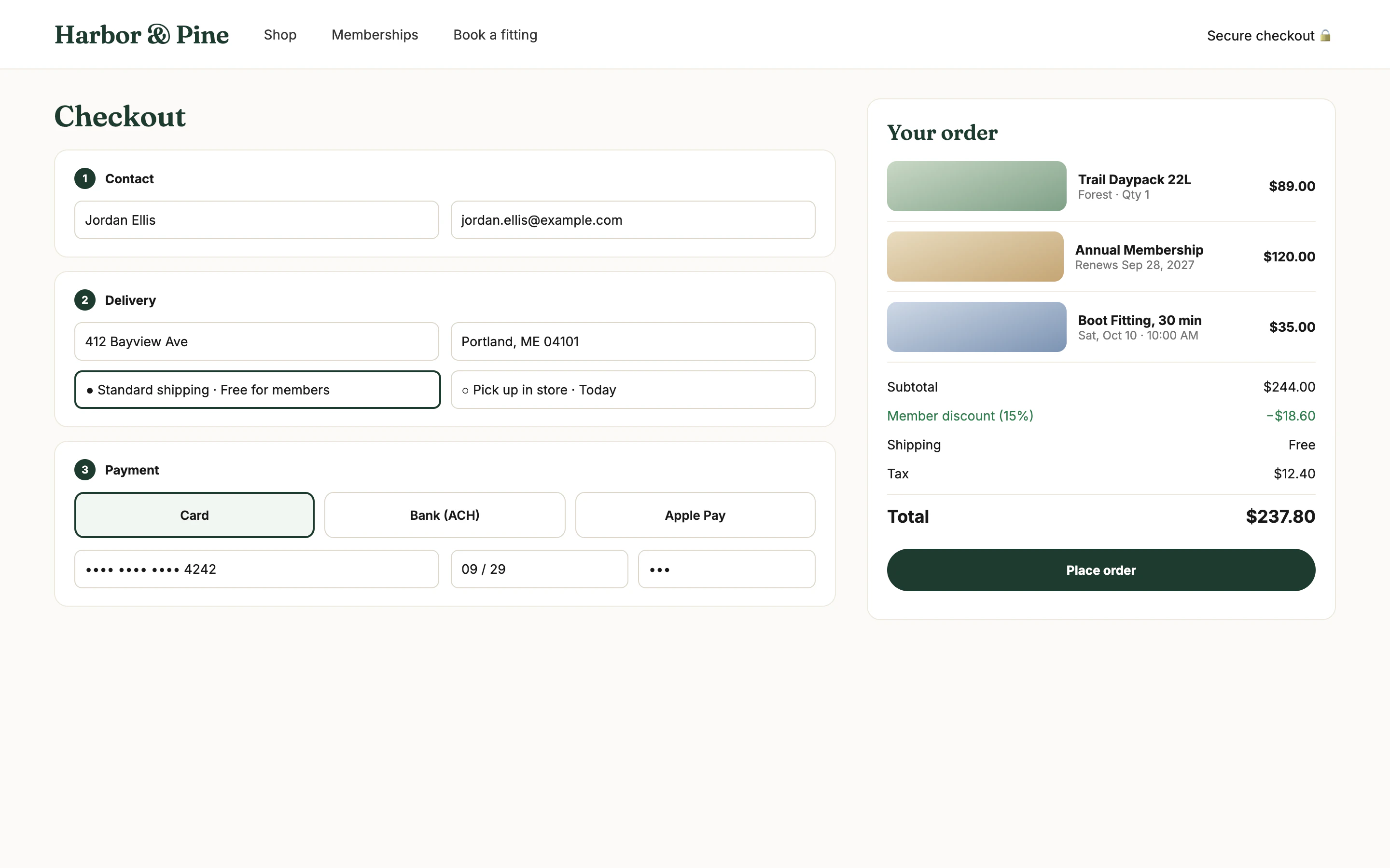 Storefronts checkout with contact, delivery, payment options and order summary