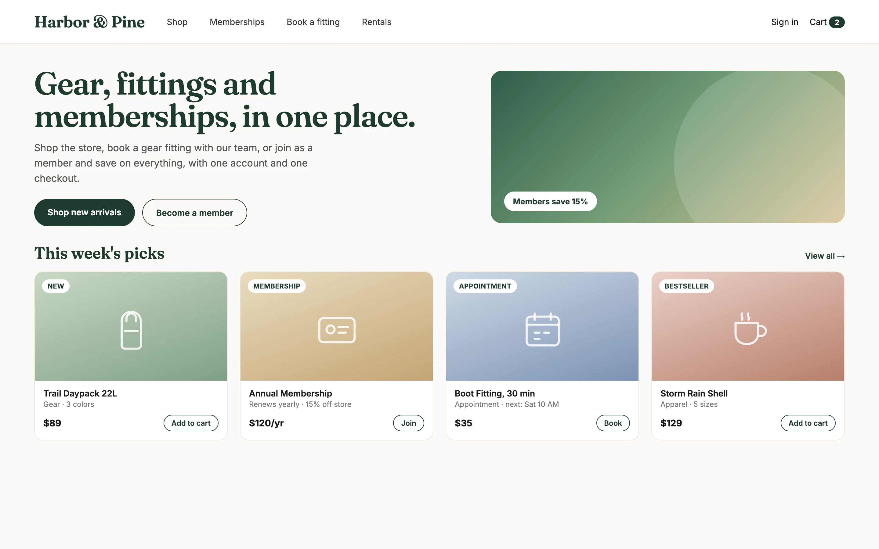 Branded online store built with Storefronts selling gear, memberships and appointments