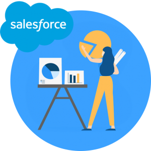 Blue background with saleforce blue cloud logo. Inside image is a woman preparing a presentation with graphs and charts