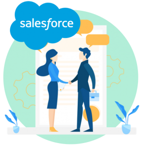 Green circle background with salesforce blue cloud logo at top. Inside image is two people shaking hands with dialogue bubbles in an office setting