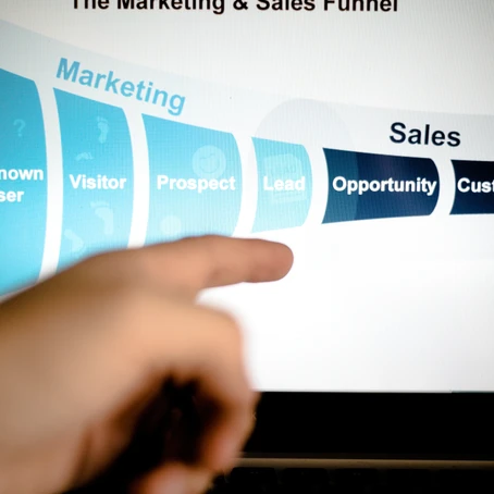 hand pointing to a screen that had a business funnel going from marketing to sales