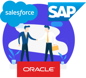 Purple circle background with salesforce blue cloud logo and Blue SAP logo at top. Red Oracle Logo on bottom. Inside image is two people shaking hands with dialogue bubbles in an office setting