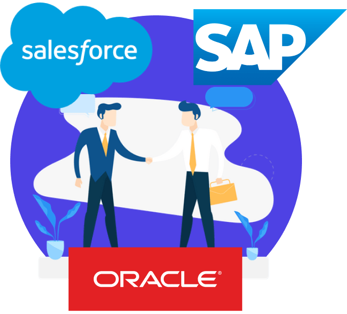 Purple circle background with salesforce blue cloud logo and Blue SAP logo at top. Red Oracle Logo on bottom. Inside image is two people shaking hands with dialogue bubbles in an office setting