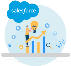 Blue gray background with saleforce blue cloud logo. Inside image is a person putting a light bulb above a chart that is going up. Also has social network logos