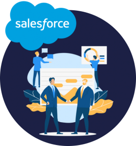 Dark blue circle background with Salesforce blue cloud logo on top. Inside image is two people shaking hands with dialogue bubbles in an office setting. Chart that is going up with people setting up other charts in the background