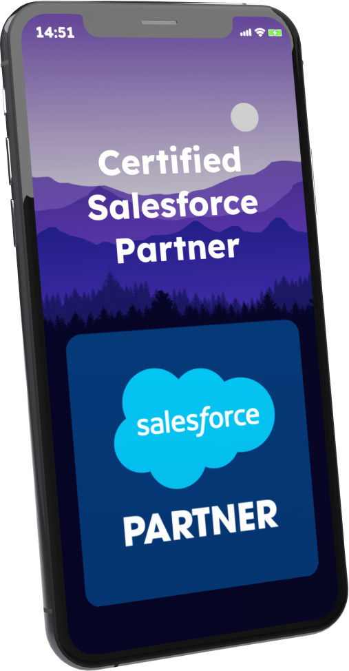 Slightly tilted image of 3d image of a phone that has a purple screen background. Inside is written " Certified Salesforce Partner" with salesforce logo