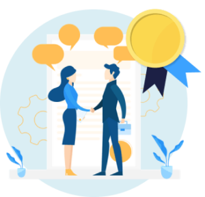 vector image of Two people talking with dialogue bubbles and a Gold medal with blue ribbon below overlayed on top