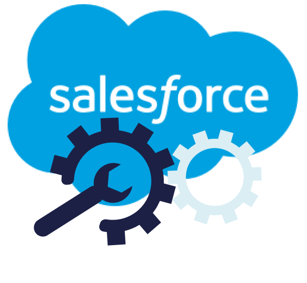 Salesforce cloud logo with gears and wrench overlayed on it