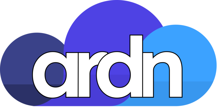 ARDN cloud solutions Logo. Cloud created using dark blue circle on left, purple in middle and light blue on the right. The letters "ARDN" are written in the cloud